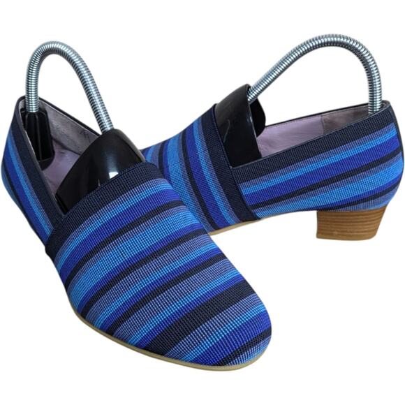 SAS Brenda Low Block Heel Slip On Pumps Womens 7 Wide 7WW Blue Striped Fabric - Picture 1 of 11